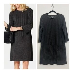 J. Jill Ponte Knit Charcoal Gray Pinstripe 3/4 Sleeve Knee Length Shift Dress M